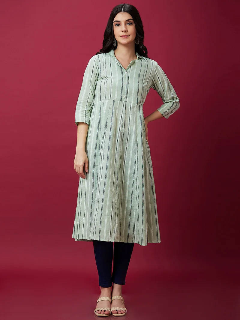 globus Women Green Striped Shirt Collar Cotton A-Line Kurta