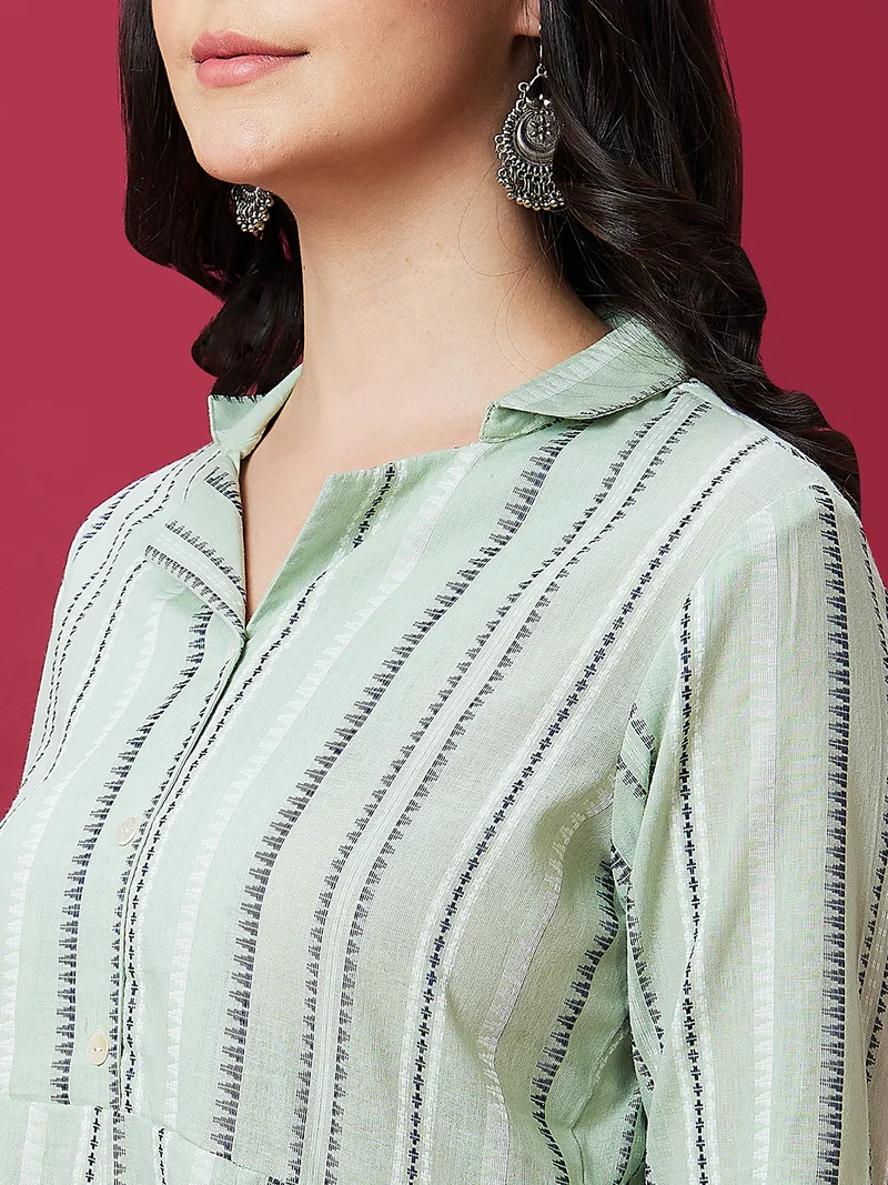 globus Women Green Striped Shirt Collar Cotton A-Line Kurta