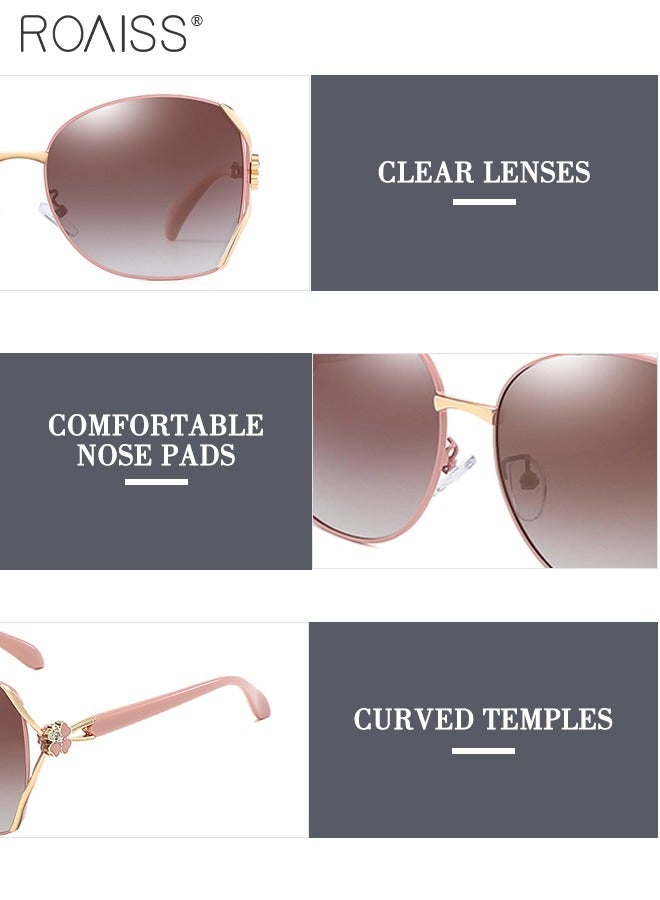 رويس نظارة شمسية مستقطبة على شكل فراشة للنساء، نظارات شمسية بحماية من الأشعة فوق البنفسجية 400 بإطار ذهبي وردي مزين بنقشة زهور، نظارات شمسية عصرية مضادة للتوهج للسيدات مع حافظة نظارات، 61 مم - Image 5