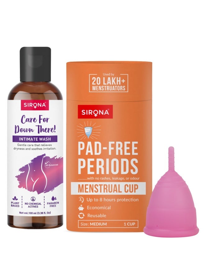 Sirona Reusable Menstrual Cup for Women - Medium with pH Balanced Antibacterial Intimate Wash Liquid - 100 ml - Image 1
