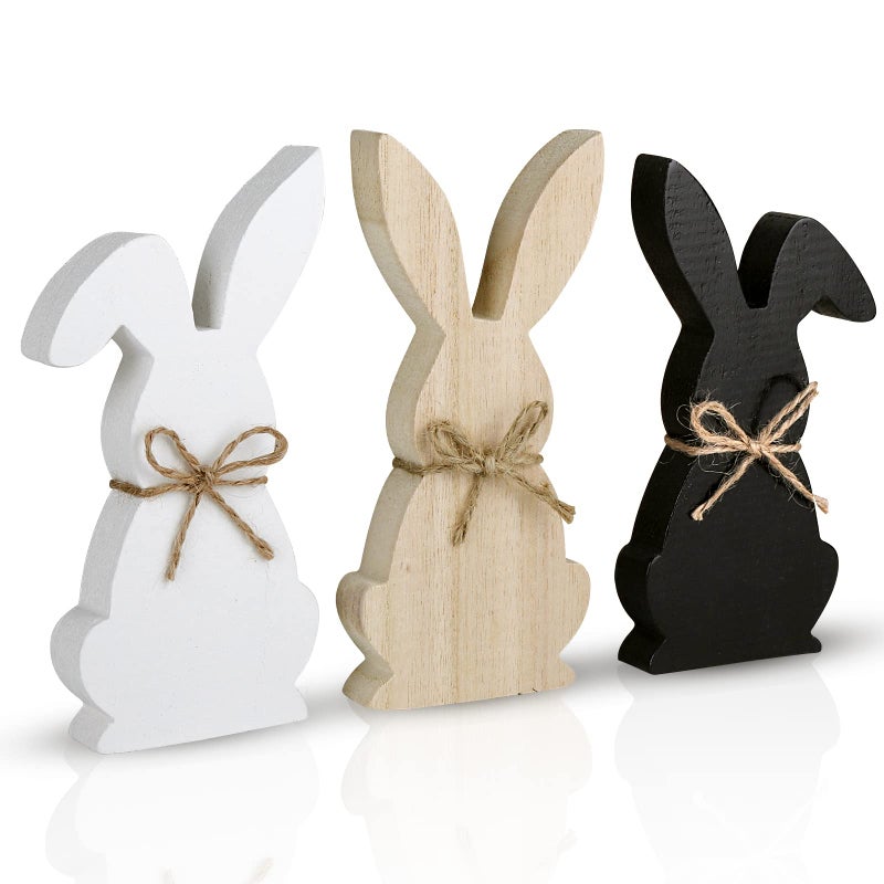 Treory Easter Decorations for the Home, 3 pcs Easter Bunny Wooden Table Centerpiece Signs Rustic Tiered Tray Farmhouse Decor for Gifts, Black, White, Natural Wood Color - Image 1