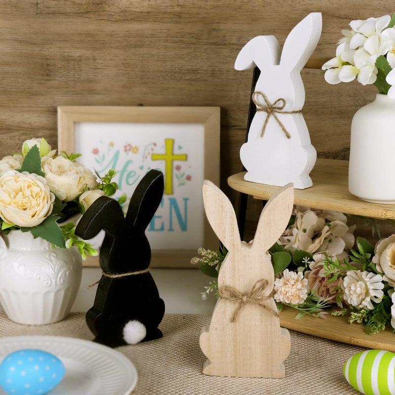 Treory Easter Decorations for the Home, 3 pcs Easter Bunny Wooden Table Centerpiece Signs Rustic Tiered Tray Farmhouse Decor for Gifts, Black, White, Natural Wood Color - Image 4