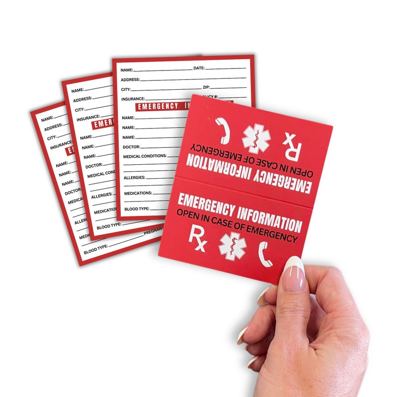 Emergency Info ICE Folded Wallet Card 10 pk 2x35 Medication Blood Type Identification Card Contacts Doctor Allergies in Case of Emergency Bulk Medical ID