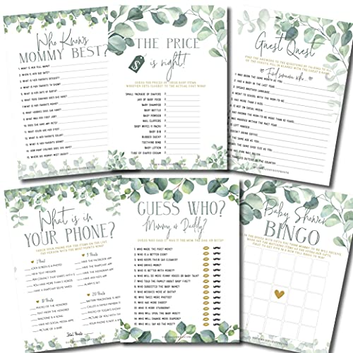 Your Main Event Prints Baby Shower Games Set of 6 Fun Activities for 25 Guests Neutral Greenery Floral Eucalyptus Theme Perfect for Boy or Girl 1 Game Printed Per Side - Image 1