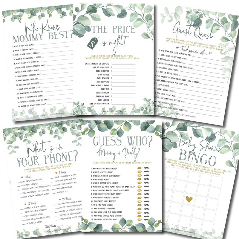 Your Main Event Prints Baby Shower Games Set of 6 Fun Activities for 25 Guests Neutral Greenery Floral Eucalyptus Theme Perfect for Boy or Girl 1 Game Printed Per Side - Image 2