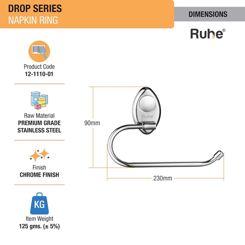 RUHE Ruhe Drop Stainless Steel Napkin Holder |Napkin Holder for Kitchen | Towel Hanger for Washbasin & Bathroom | Wall Mounted | Hand Towel Hanger | Towel Ring | Bathroom Accessories | Chrome Finish  - Image 2