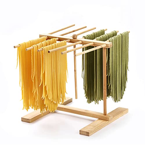 8SOM Bamboo Pasta Drying Rack with Transfer Wand and 12 Bars, Easy to Transfer for Drying Pasta and Cooking, Special Suspension Design for Large Storage - Image 1