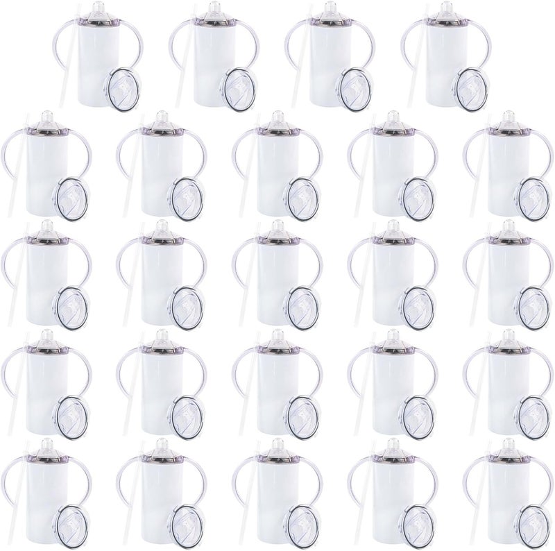 MAIKESUB 24 Pack Sublimation Blanks Sippy Cup Baby Bottle with Handles Straight Stainless Steel Insulated Skinny Tumblers with Splash proof Lid 12 oz Shatterproof Water Tumbler - Image 1