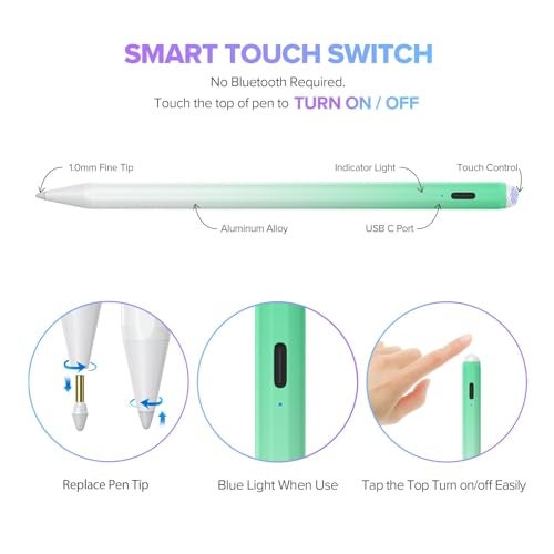 JAMJAKE Stylus Pen for iPad 11th&10th Generation - 2X Fast Charge Active Pencil Compatible with 2018-2025 Apple iPad Pro 11"/12.9"/M4, iPad Air 3/4/5/M2/M3, iPad 6-11, iPad mini 5/6 Gen - White Green - Image 5