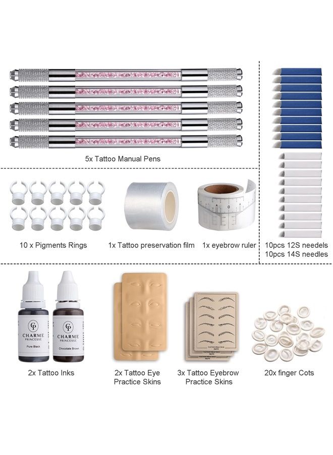 Charme Princesse طقم قلم Microblading، طقم قلم يدوي مزدوج الوجه مع 20 إبرة، صبغة، جلد تدريبي، مسطرة حواجب، حلقة كأس لمستلزمات المكياج الدائم EK910S20-1 - Image 5