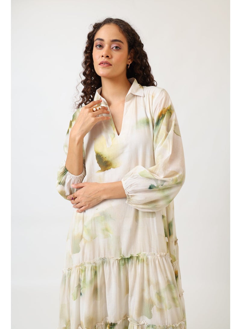 نور فستان أخضر مزهر متعدد الطبقات - Image 2