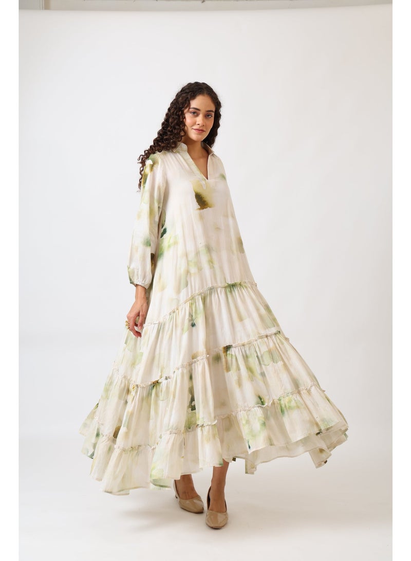 نور فستان أخضر مزهر متعدد الطبقات - Image 1