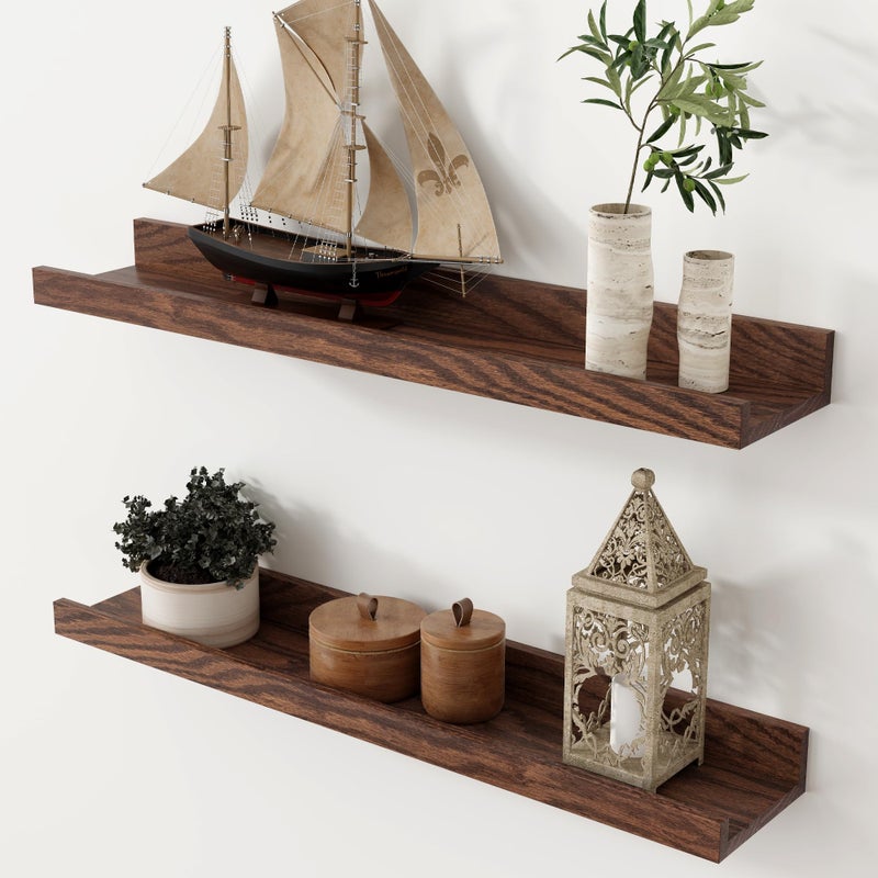 Axeman Oak Picture Ledge Shelf, 24 Inch Floating Shelves Set of 2, Solid Oak Wood Wall Shelves with Lip, Wall Decor Storage for Bedroom Living Room Bathroom Kitchen Nursery Photo Picture, Walnut - Image 1