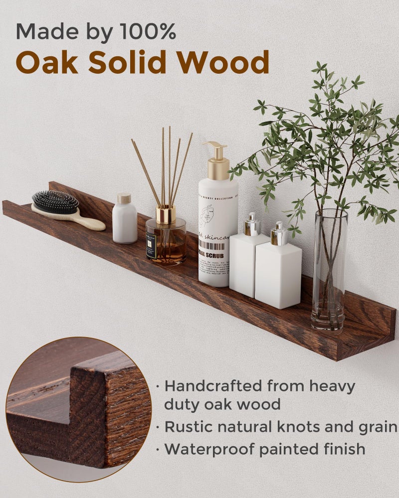 Axeman Oak Picture Ledge Shelf, 24 Inch Floating Shelves Set of 2, Solid Oak Wood Wall Shelves with Lip, Wall Decor Storage for Bedroom Living Room Bathroom Kitchen Nursery Photo Picture, Walnut - Image 2