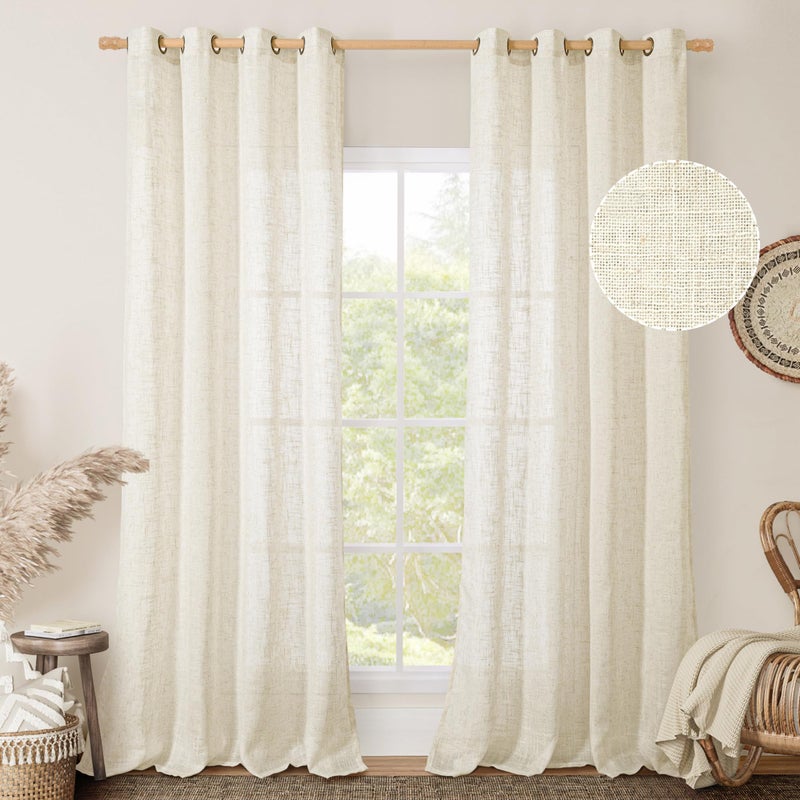 LAMIT Natural Ivory Linen Semi Sheer Curtains 84 inch Length, Cream Light Filtering Soft Thick Neutral Living Room Drapes with Bronze Grommet for Bedroom/Farmhouse, 2 Panels, 52 x 84 Inch - Image 2