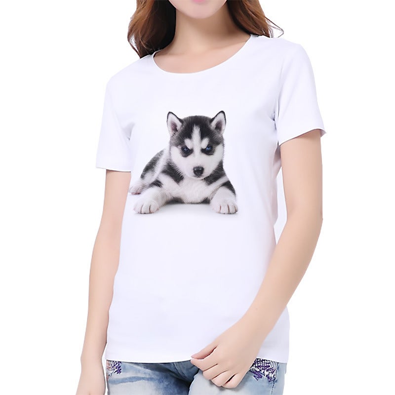 Cat dog printed white women's casual top bottoming shirt T-shirt - Image 2