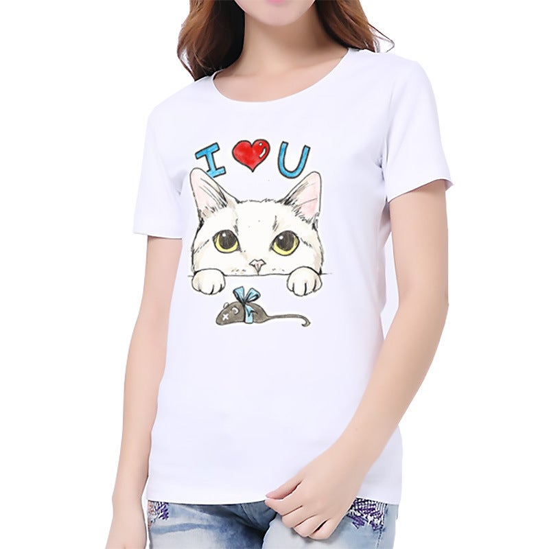 Cat dog printed white women's casual top bottoming shirt T-shirt - Image 1