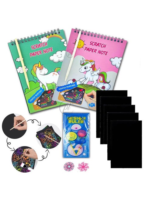 Promote 2 Unicorn Scratch Paper Spiral Notebooks A5 Sized with Wooden Scratching Tool and 1 Creative Spiral Ruler Art and Craft Kits for Girls Boys