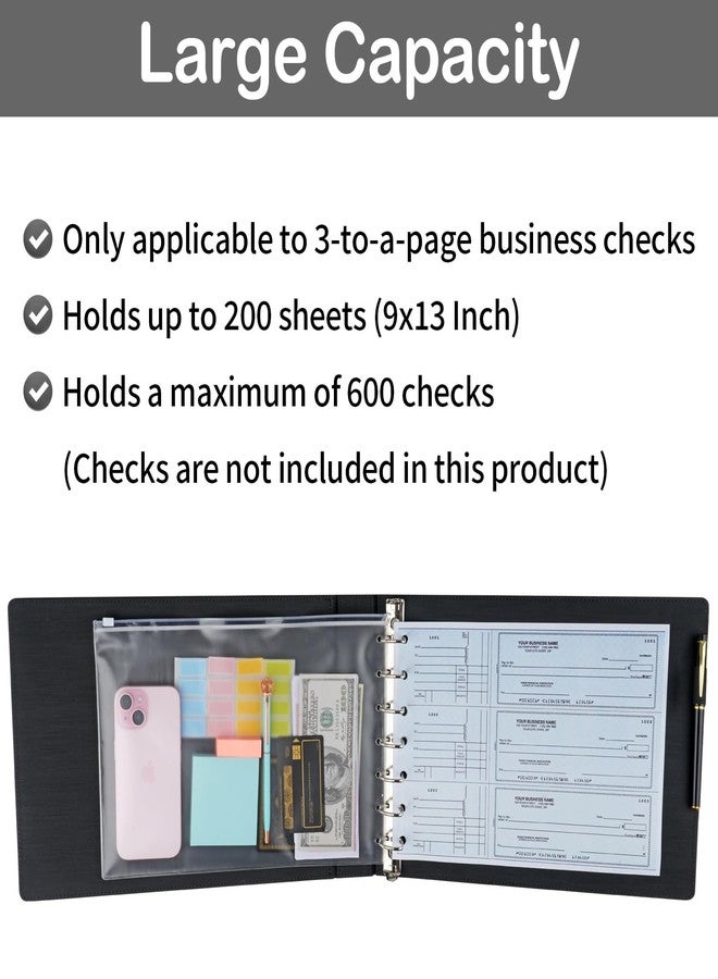 MOWPOG Business Checkbook Binder, 7 Ring Check Binder for Business Checks with Zipper Pouch, Black PU Leather Check Book Holder for 9x13 Inch Sheets, 600 Check Capacity - Image 3
