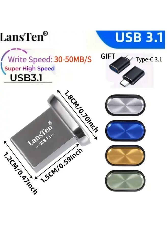 LansTen 64GB فلاش درايف أخضر USB 3.1 مع محول Type C زر معدني صغير - Image 2