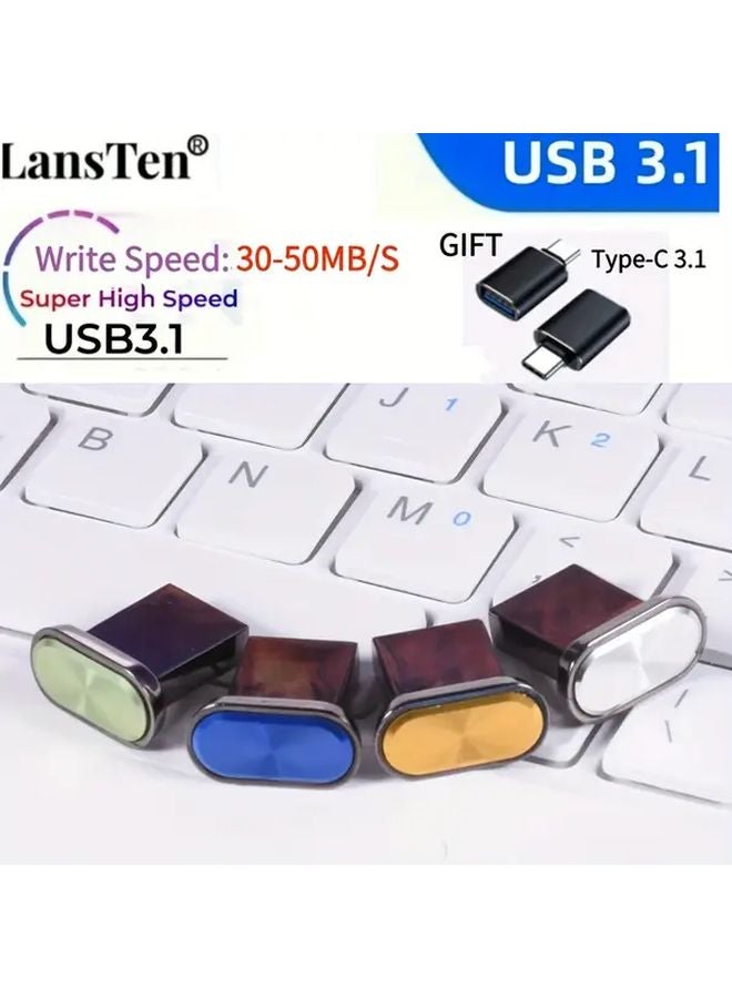 LansTen 64GB فلاش درايف أخضر USB 3.1 مع محول Type C زر معدني صغير - Image 3