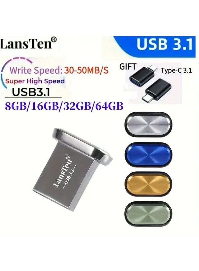 LansTen 64GB فلاش درايف أخضر USB 3.1 مع محول Type C زر معدني صغير - Image 1