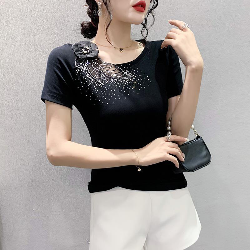 Real Shot 2023 Summer New European Short-sleeved T-shirt Shoulder Beaded Flower Hot Drilling Slim-fit Slimming Fashion Shirt - Image 1