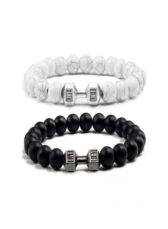 POYAMUSE Dumbbell Charm Beaded Bracelet - Lava Rock Stones Beads Strand Bracelet - Go to Gym Decoration Jewelry-polish black - Image 1