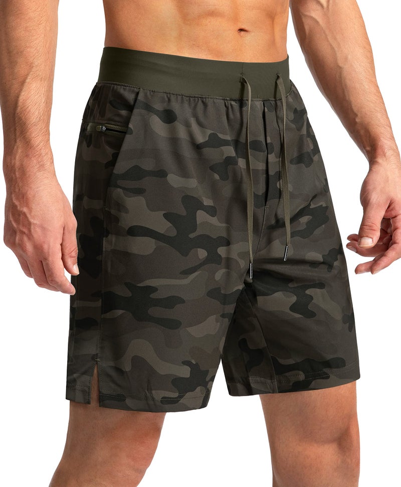 Soothfeel Men's Running Shorts with Zipper Pockets 7 Inch Lightweight Quick Dry Gym Athletic Workout Shorts for Men (Green Camo, L) - Image 1