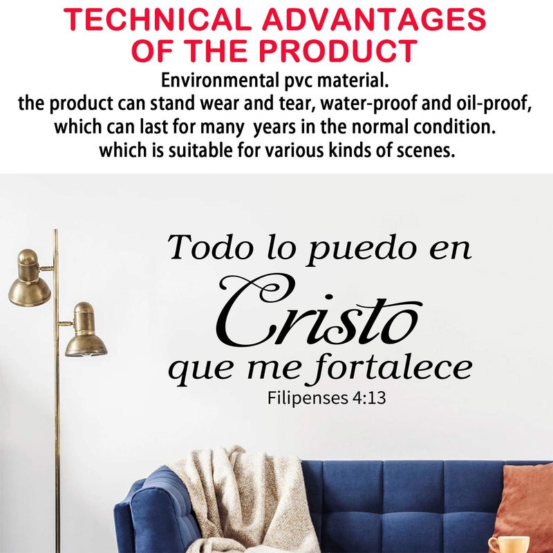 AnFigure Wall Decals Quotes  Bible Verse Wall Decal  (Easy to Apply)  Scripture Inspirational Positive Vinilos Decorativos Para Pared  Frases Para Decorar Pared En Espaol  Dios Biblicos Calcomanias Quotes Home Art Decor Vinyl Stickers Spanish  Todo Lo Puedo En Cristo Que Me Fortalece 35""x20"" - Image 1