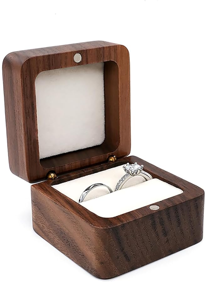 The Bros Personalized Wooden Ring Box, Single Slot Mini Engagement Ring Box, Square Wedding Ring Box, Elegant Vintage Wedding Ring Box (White)  - Image 1