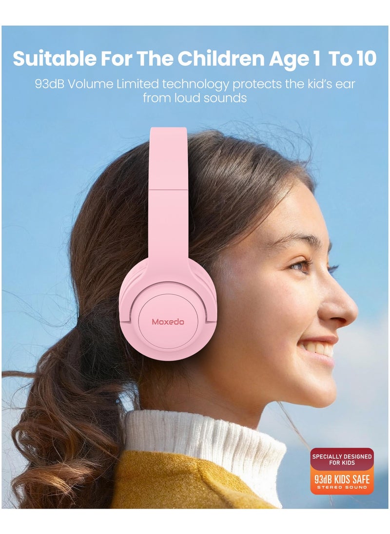Moxedo Tiny Tunes Wired On-Ear Headphone with In-Line Remote Built-in Microphone Adjustable Foldable Design Stereo Headphone 93dB Compatible for iPad/Phone/Tablet and Other Devices (Pink)