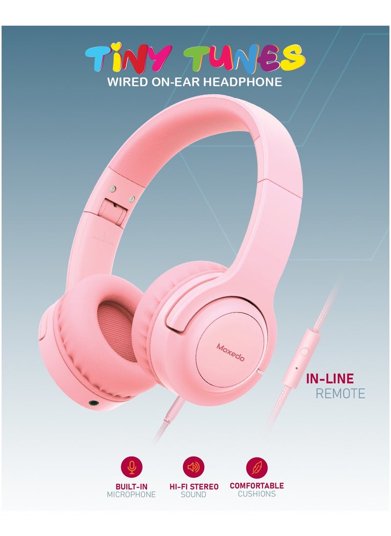 Moxedo Tiny Tunes Wired On-Ear Headphone with In-Line Remote Built-in Microphone Adjustable Foldable Design Stereo Headphone 93dB Compatible for iPad/Phone/Tablet and Other Devices (Pink)