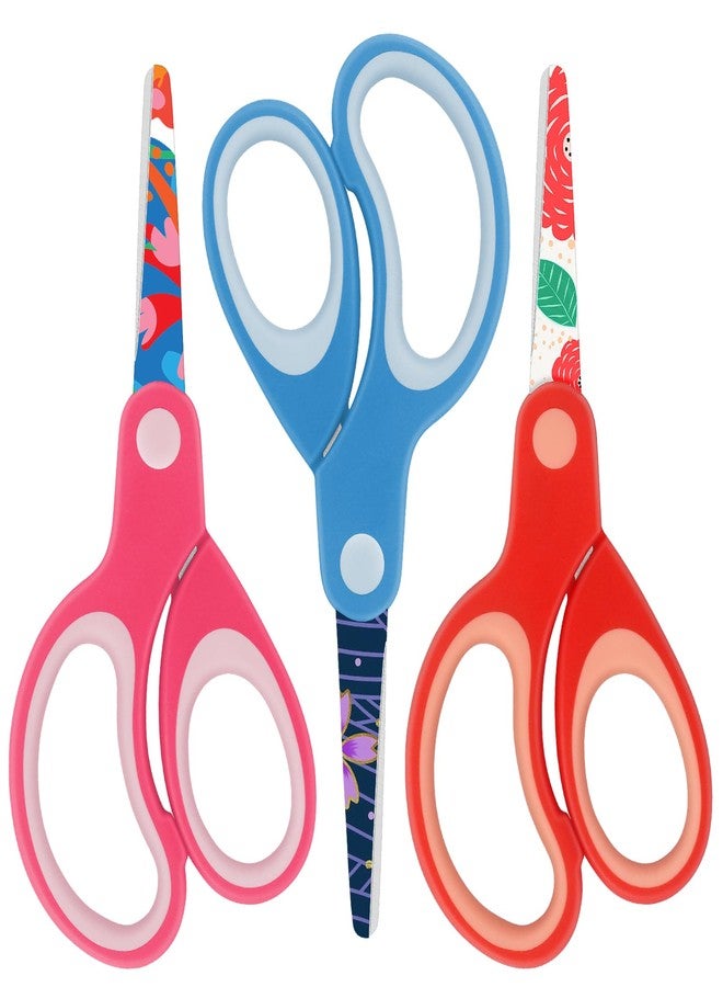 Asdirne Left Kids Scissors, Safety Children Scissors with Blunt Tip, Blades with Pattern, Great for Home and School, Assorted Color, 13.5cm, 3 Pack - Image 1