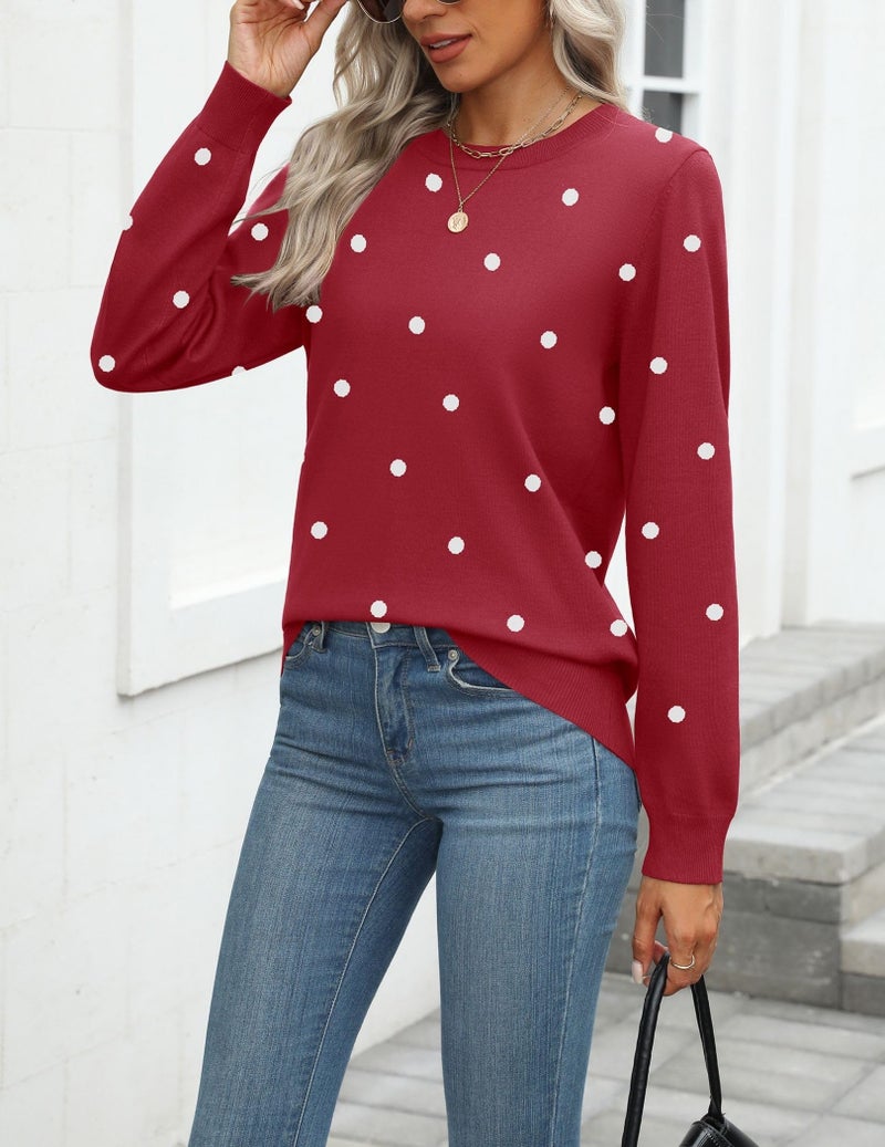 Zeagoo Womens 2026 Fall Sweaters Long Sleeve Tops Classic Crew Neck Pullover Sweaters Loose Dressy Polka Dot Basic Tops - Image 3