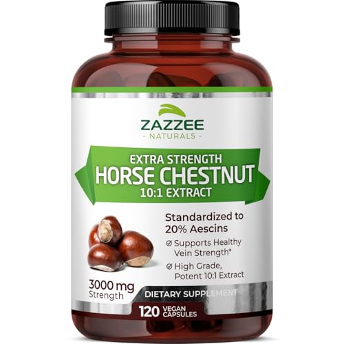 Zazzee Extra Strength Horse Chestnut 101 Extract 3000 mg Strength 20 Aescins 4 Month Supply 120 Vegan Capsules Concentrated and Standardized 10X Extract AllNatural NonGMO Made in The USA