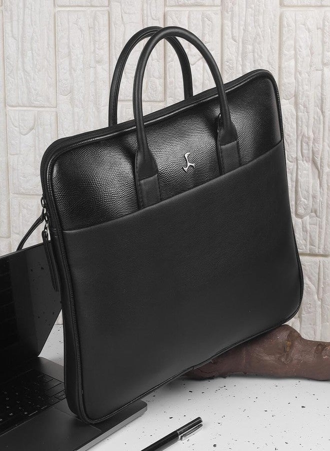 Mochi Unisex Black Faux Leather Laptop Bag | Premium Metal Logo Office Bag for Men Women | Light Weight Multiple Compartments Business Bag | Professional Laptop Bags | Size 10 | Premium Quality - Image 2