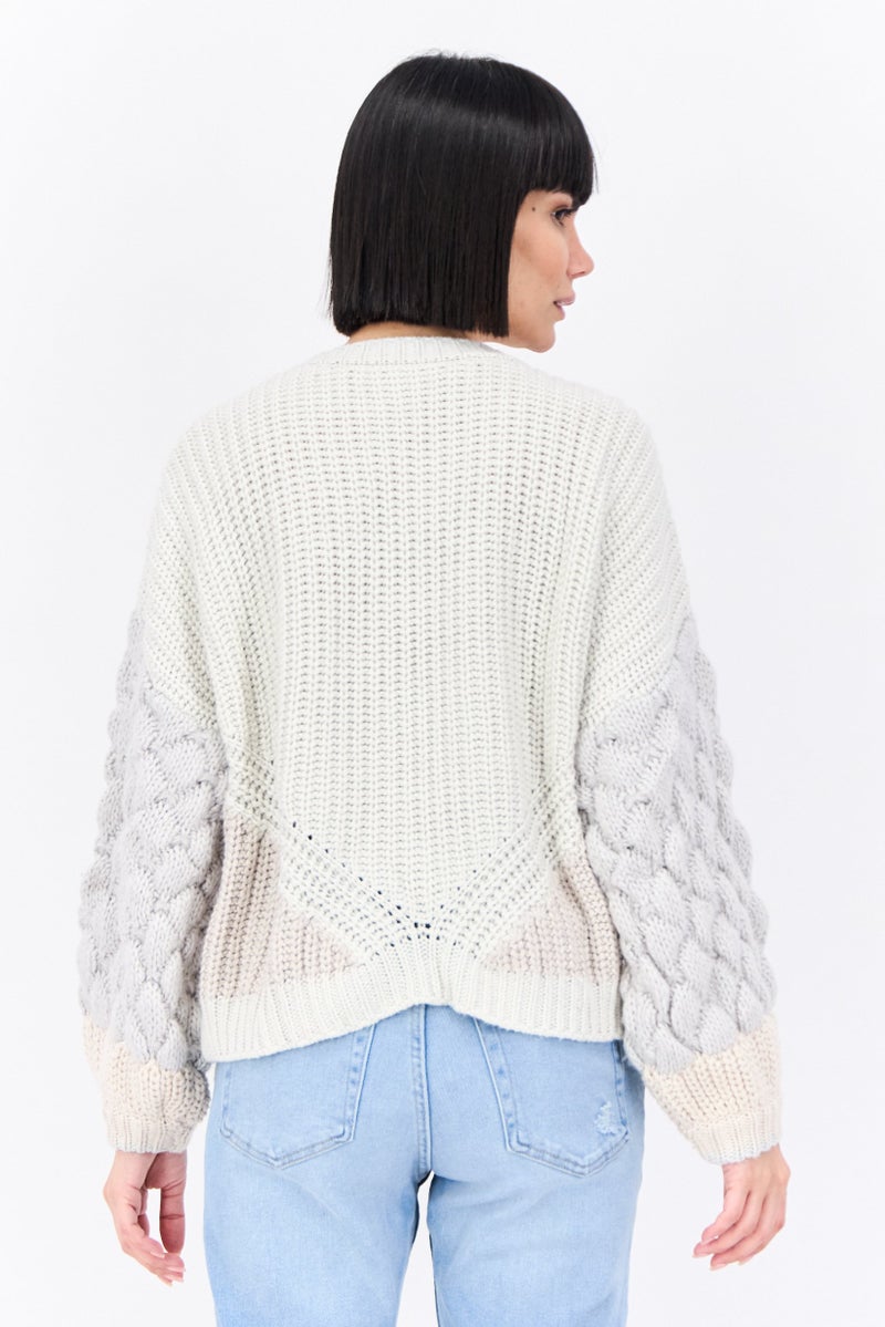 Splendid Women Crew Neck Crochet Sweater, Grey - Image 3