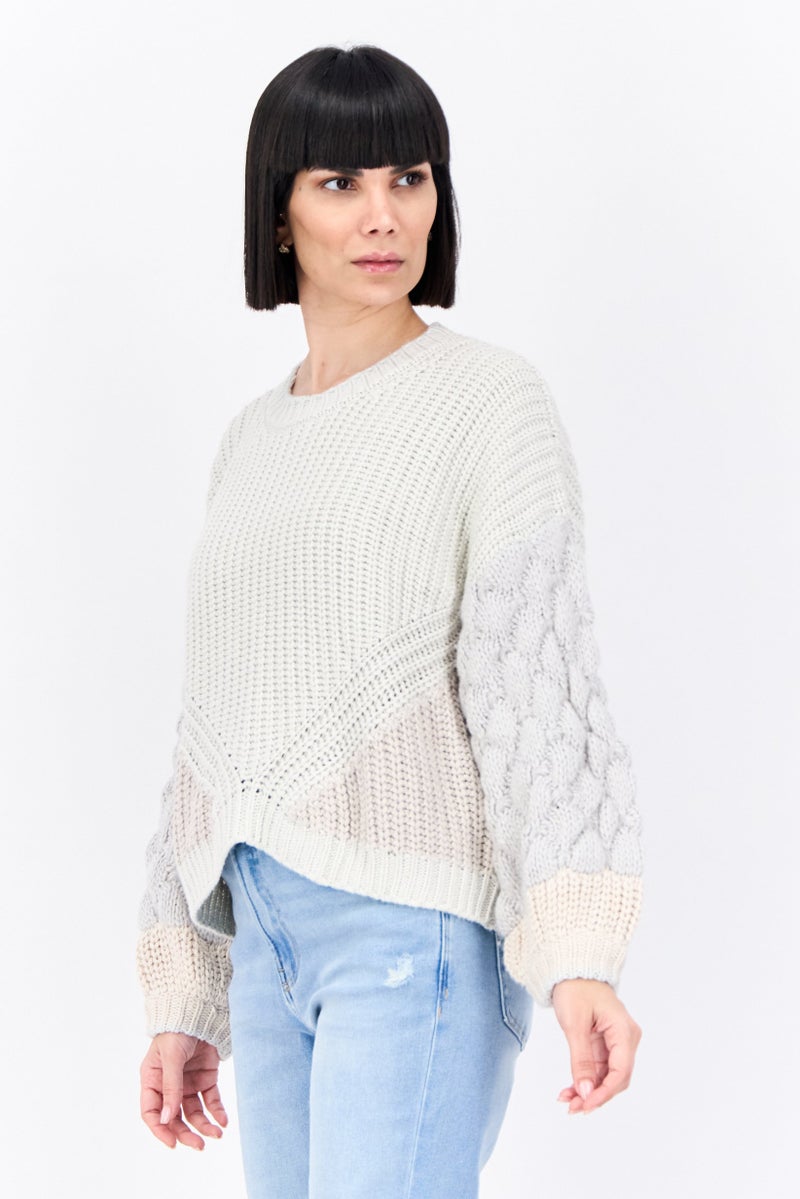 Splendid Women Crew Neck Crochet Sweater, Grey - Image 2