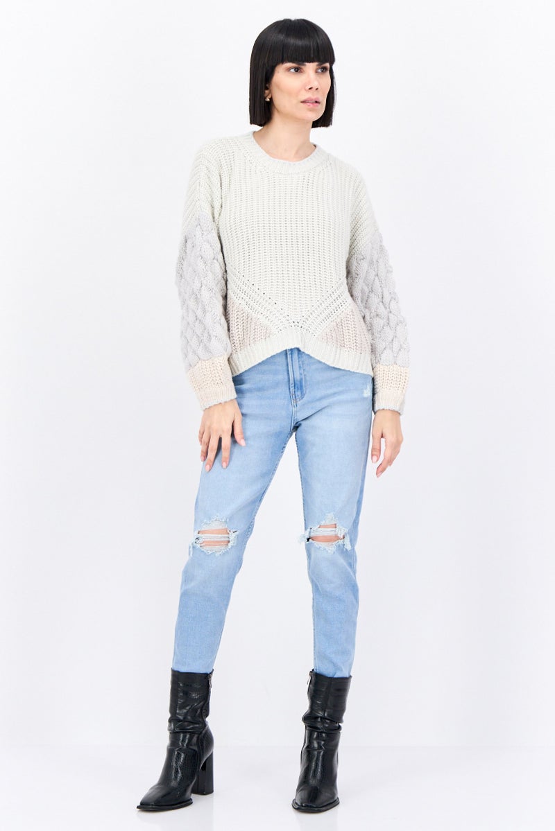 Splendid Women Crew Neck Crochet Sweater, Grey - Image 4