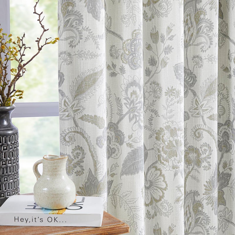 Kayne Studio Botanical Print Blackout Curtains Linen Grey Floral Leaf Farmhouse Drapes Energy Efficient Light Blocking Window Treatments for Living Room Bedroom Pinch Pleated Back Tab,40"x108,2 Panels - Image 2