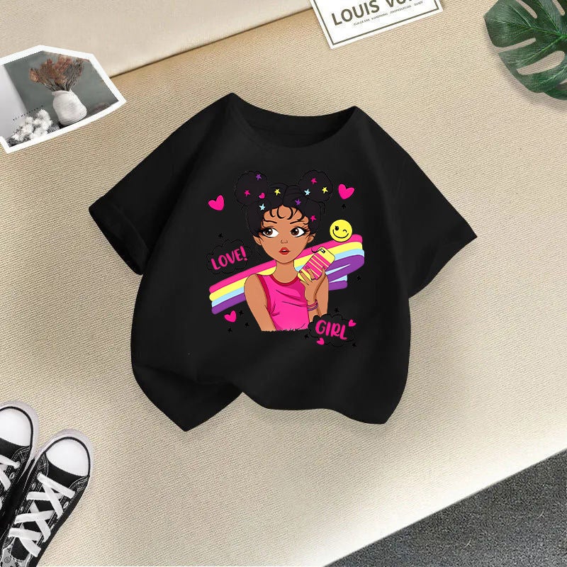 Children'S T-Shirt For Girls, Short-Sleeved Cotton, 2026 New Style, Stylish Cartoon Print Top For Girls, Korean Style Children'S Clothing Trend - Image 1