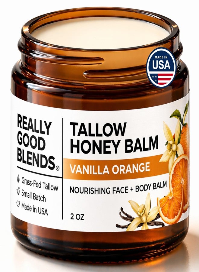 Really Good Blends مزيج رائع حقاً - بلسم العسل والشحم، زبدة الجسم العضوية، شحم البقر الذي يتغذى على العشب للبشرة، مرطب طبيعي مهدئ للجسم والوجه | صنع في الولايات المتحدة الأمريكية - 2 أونصة (فانيليا وبرتقال) - Image 1