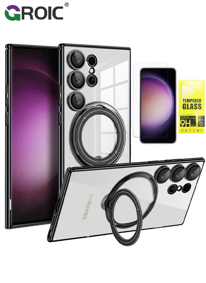 GROIC Case for Samsung Galaxy S24 Ultra 6.8 Inch with HD Glass Screen Protector, Magnetic Invisible Stand Compatible with MagSafe, Shockproof Clear Back Cover with Metal Ring Holder  - Image 1