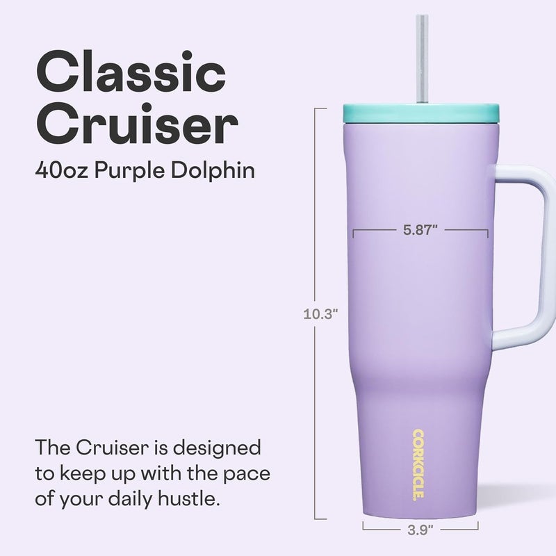 CORKCICLE Cruiser Insulated Tumbler - Keeps Drinks Cold 20 Hours - Triple-Insulated Stainless Steel - Spill-Proof Lid - Summer Drinkware Gift - Keeps Drinks Ice Cold - 40 oz - Purple Dolphin - Image 1