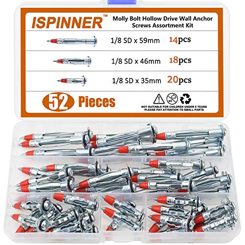 ISPINNER 52pcs Zinc Plated Steel Hollow Wall Drive Anchor Screws Assortment Kit for Drywall 35mm 46mm 59mm - Image 1