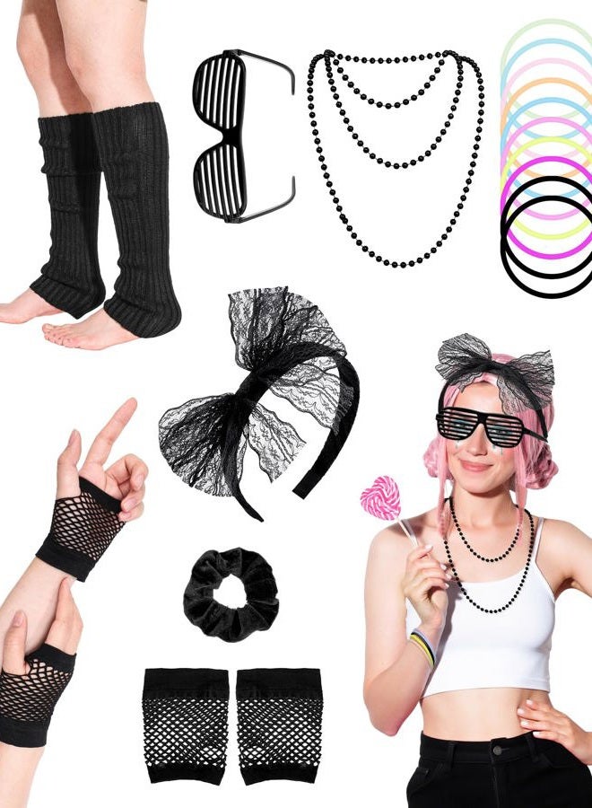 obeoby 80s 90s Outfit Costume Accessories for Women, 80s Party Black Lace Headband Necklace Accessory Sets for Masquerade Retro Party - Image 1