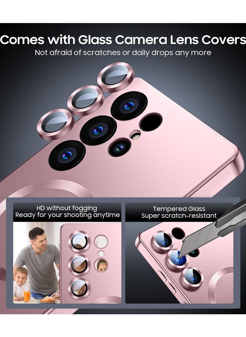 Slim Soft Silicone Matte Case with Camera Lens Protector With Stable Magnetic Shockproof For Samsung Galaxy S25 Ultra (Rose Gold)