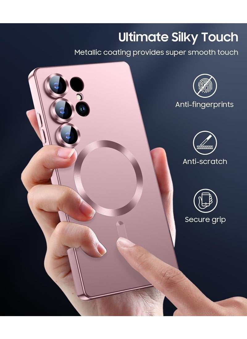 Slim Soft Silicone Matte Case with Camera Lens Protector With Stable Magnetic Shockproof For Samsung Galaxy S25 Ultra (Rose Gold)