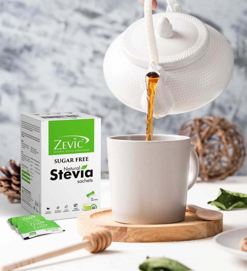 Zevic 100% Natural Sugar Free Stevia Sachets | Zero Calories Sweetener | Vegan & Keto | Sugar Substitute Sachets Diabetic Friendly - 50 Pcs Box (Pack of 3) - Image 4
